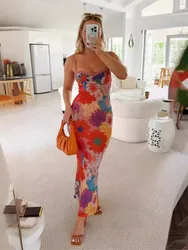 Flower Print Slim Lace Spaghetti Strap Dresses Women Sexy Low Cut Backless Package Hip Bodycon Long Dress Lady Trendy Streetwear