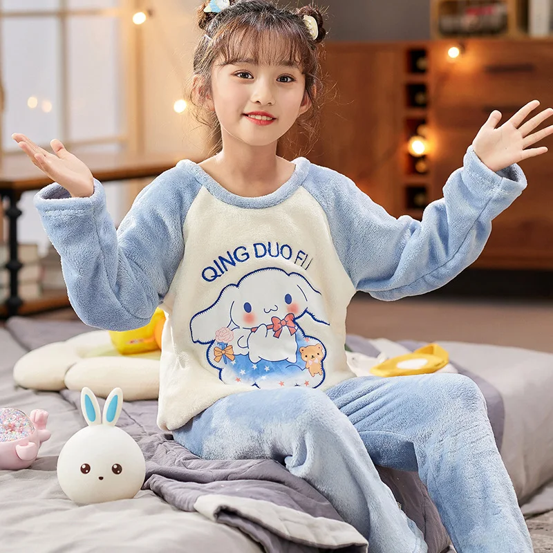 

Kawaii Sanrio Autumn and Winter Children Kuromi Cinnamoroll Pajama Set Girls Anime Cartoon Flannel Warm Home Clothes