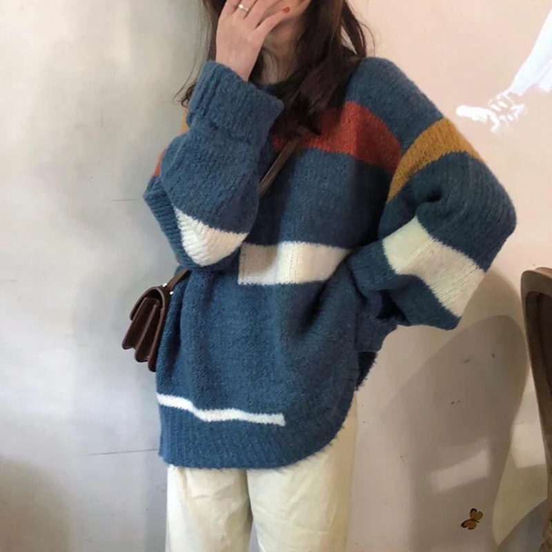 Harajuku Knitted Sweater Women Korean Patchwork Striped Loose Mid Length Pullover Fashion Casual Preppye Style Retro Sweater New