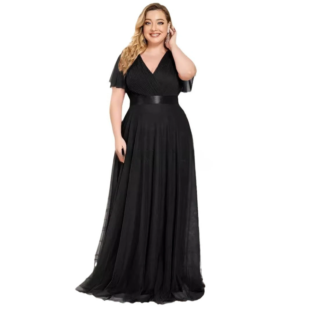 

Elegant Double V-neck Mesh Chiffon Long Formal Evening Dress Black With Short Sleeves