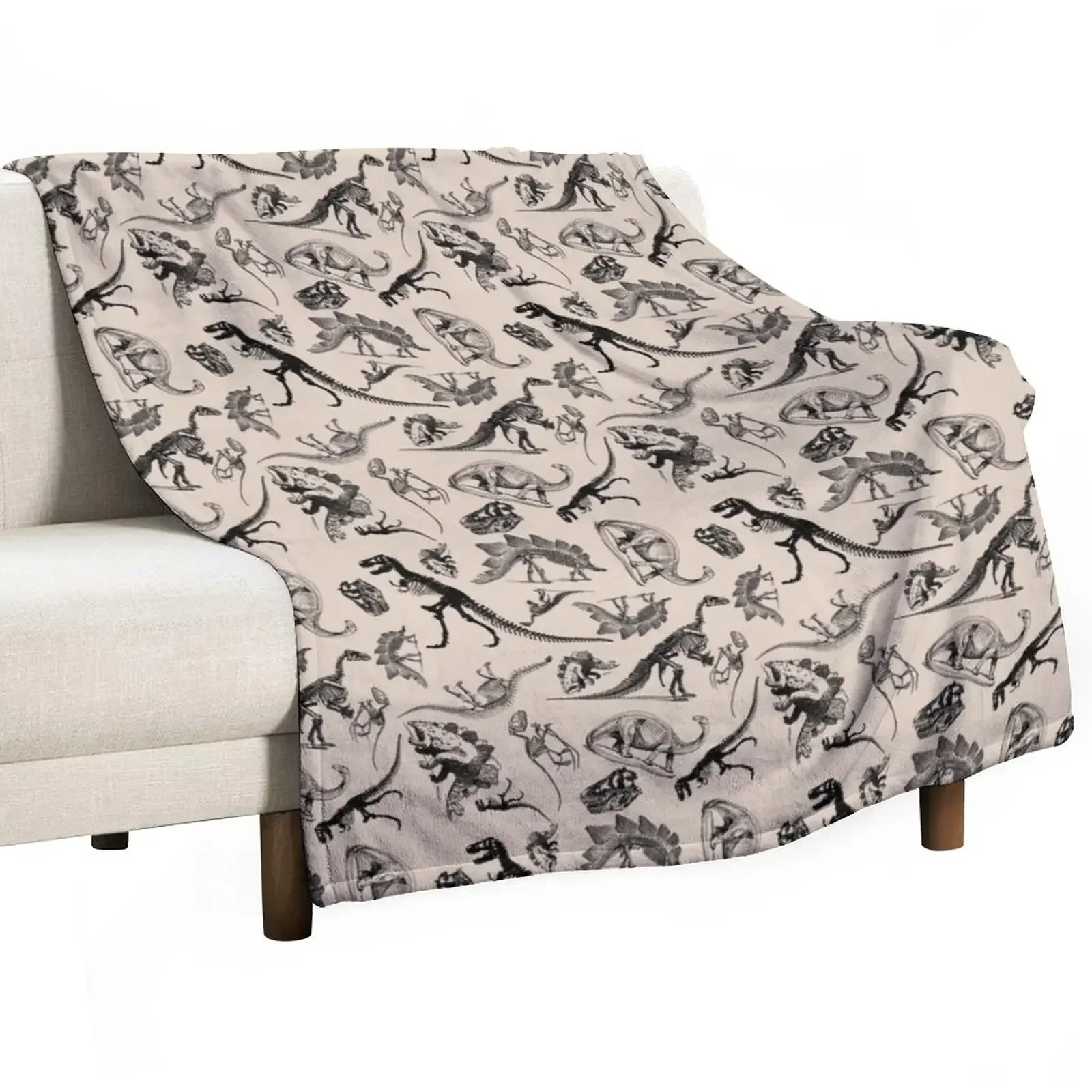 Vintage Museum Dinosaurs and Skeletons Black and Cream Throw Blanket Flannels Camping Blankets