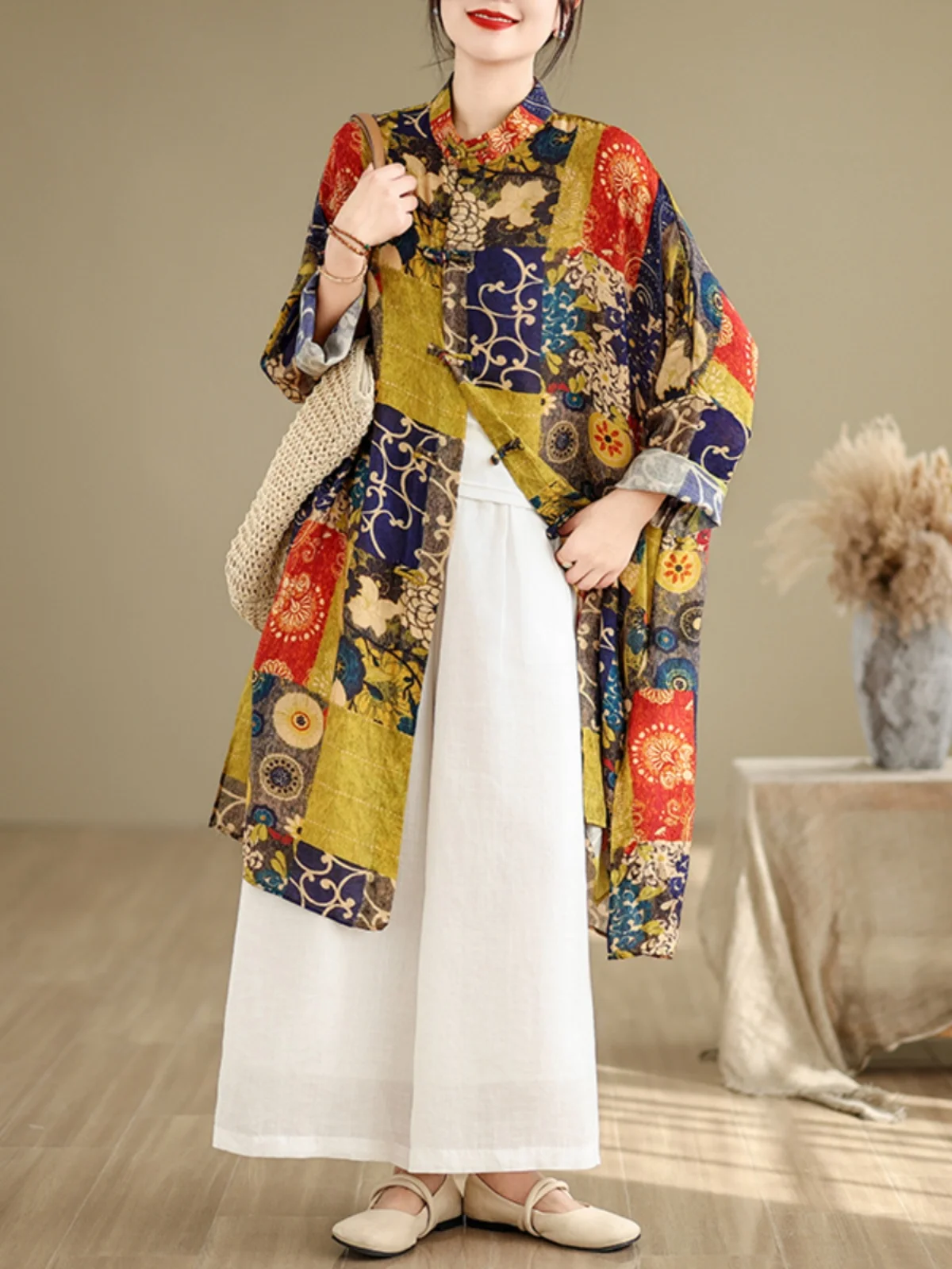 Nuevo Cárdigan largo abierto chino Sle irt para mujer, ropa de abrigo Retro con protección solar, detalle de botones holgado