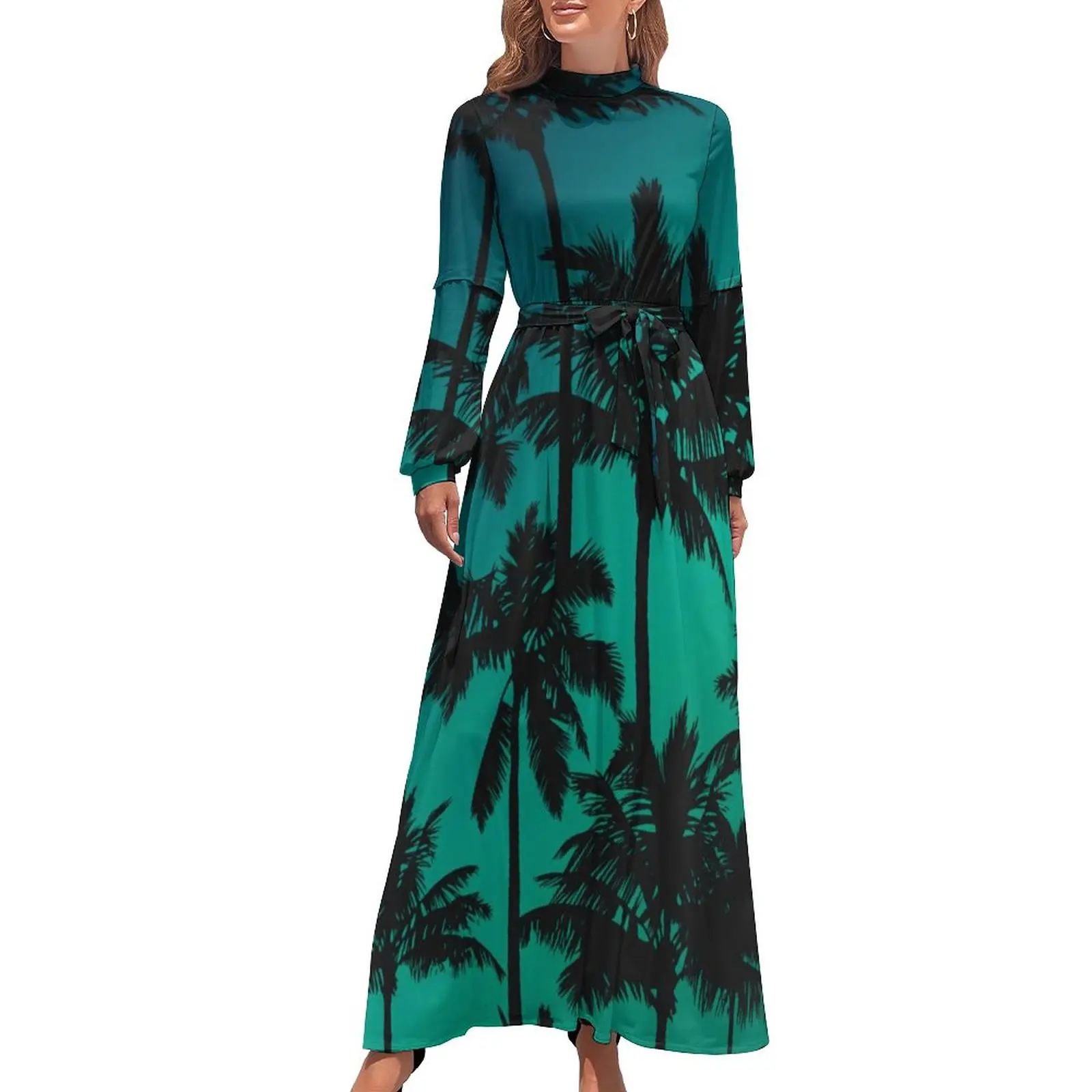 

Hawaii Beach Dress Palm Tree Pirnt Sexy Fashion Maxi Dress High Waist Long Sleeve Street Wear Boho Beach Long Dresses