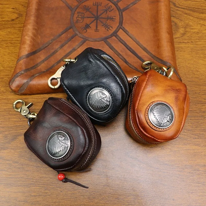 Full Cowhide Key Holder Waist Hanging Genuine Leather Keychain Storage Bag Vintage Style Remote Controller Protective Case