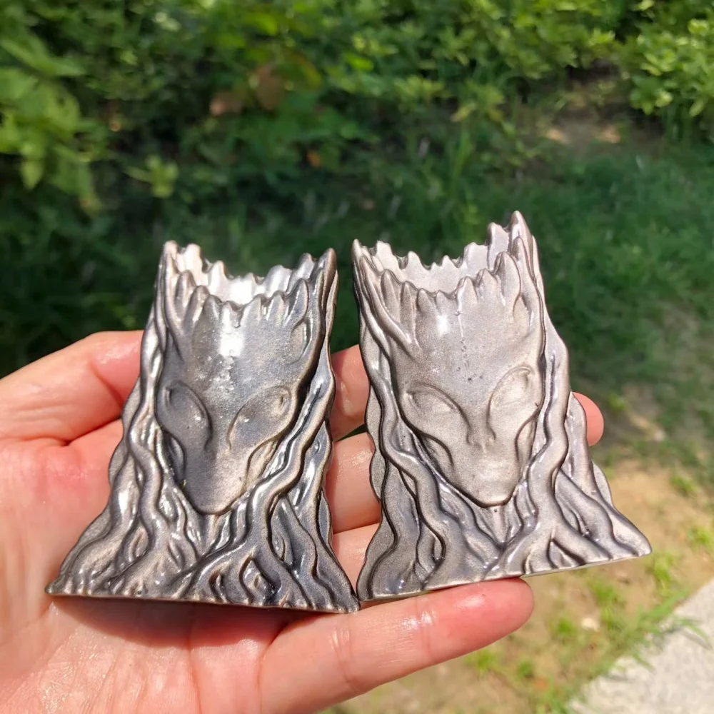 2pcs Natural Silver Obsidian Tree Spirit Statue Carving Energy Healing Polished Mineral Home Decor Ornament Figurine