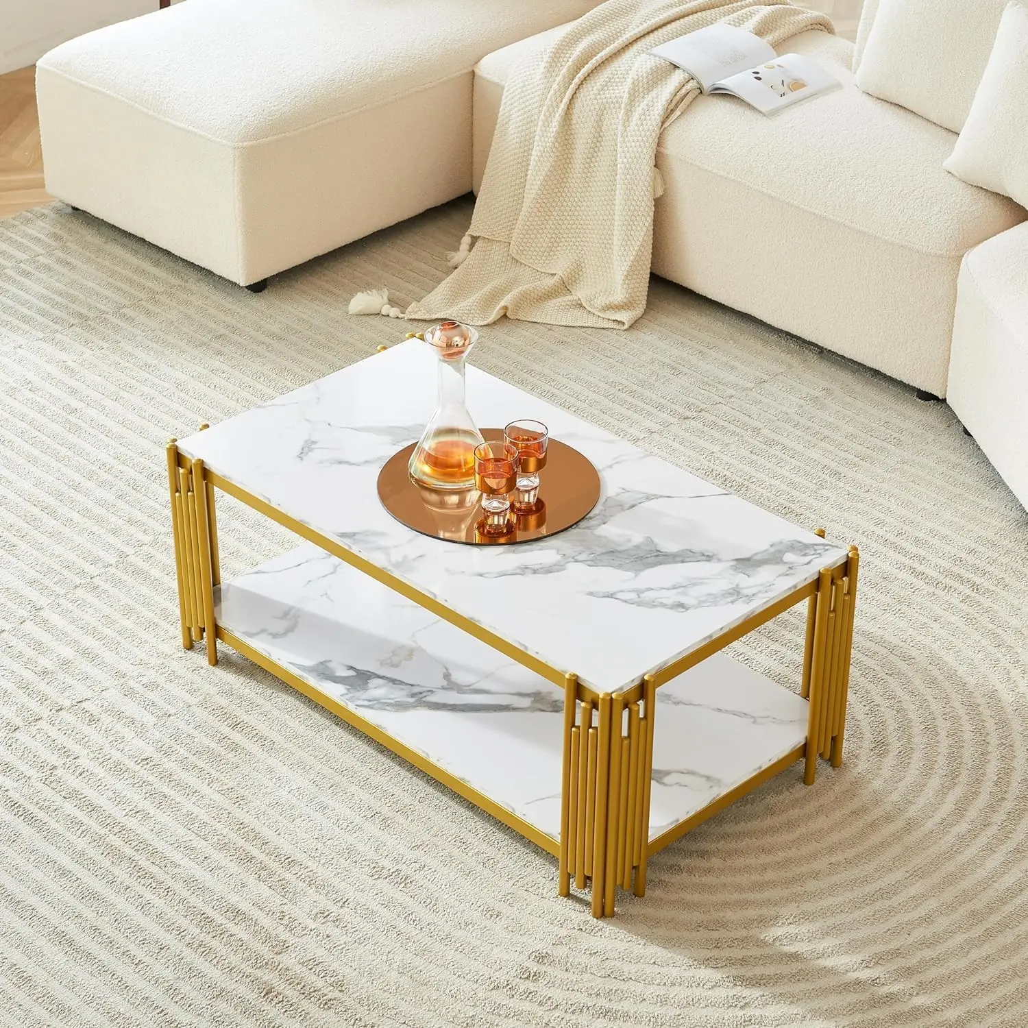 47 Inch White Marble Coffee Table With Gold Chrome Metal Base, 2-Tier Rectangle Faux Marble Center Table Coffee Cocktail Table,