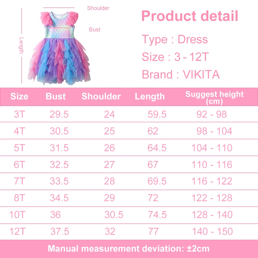 VIKITA Kids Flare Sleeve Dress Girls Summer Vestidos Toddlers Mermaid Print Dresses Girl Irregular Mesh Tulle Layered Cake Dress