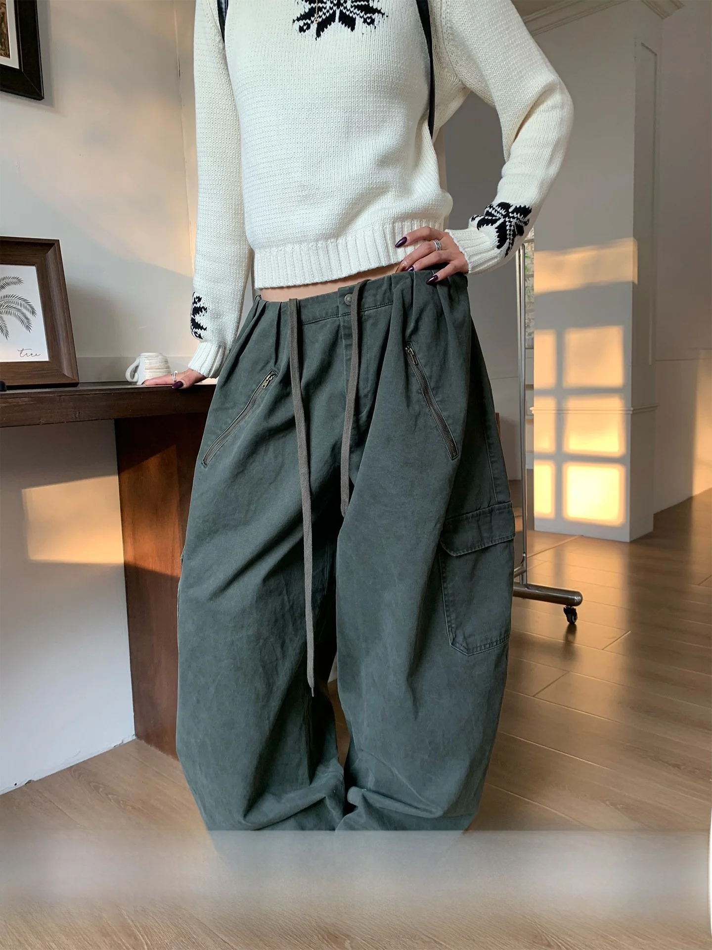 

Американские рабочие брюки в стиле милитари, зеленые, свободного кроя, повседневные, для женщин, прямые штанины, естественная талия, хлопковая ткань