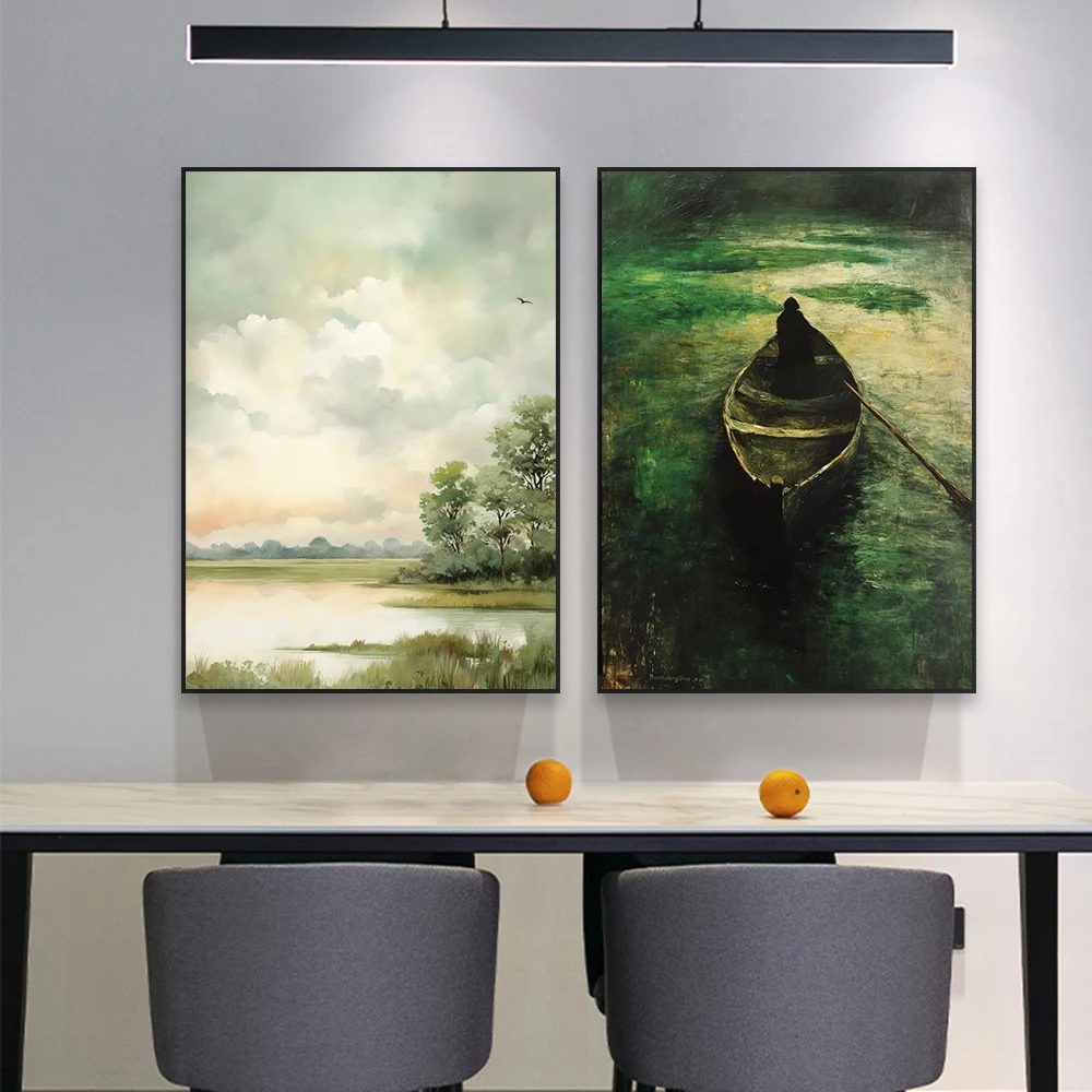 Vintage Oil Painting Prints Wall Art Poster Man Rowing Poster Green Landscape Canvas Painting Decor Home Living Room Decor