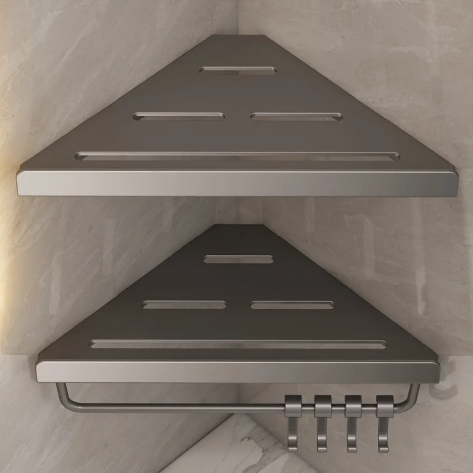 Bathroom Triangle Shelf with Hooks Grey Black Iron Metal Wall Mounted Lavatory Soap Storage Organizer Corner Rack for Kitchen