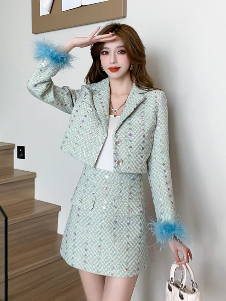 High Street French Light Luxury Small Fragrance Two Piece Set Women Jacket Coat + Skirt Suits Sweet Fashion Tweed 2 Piece Outfit