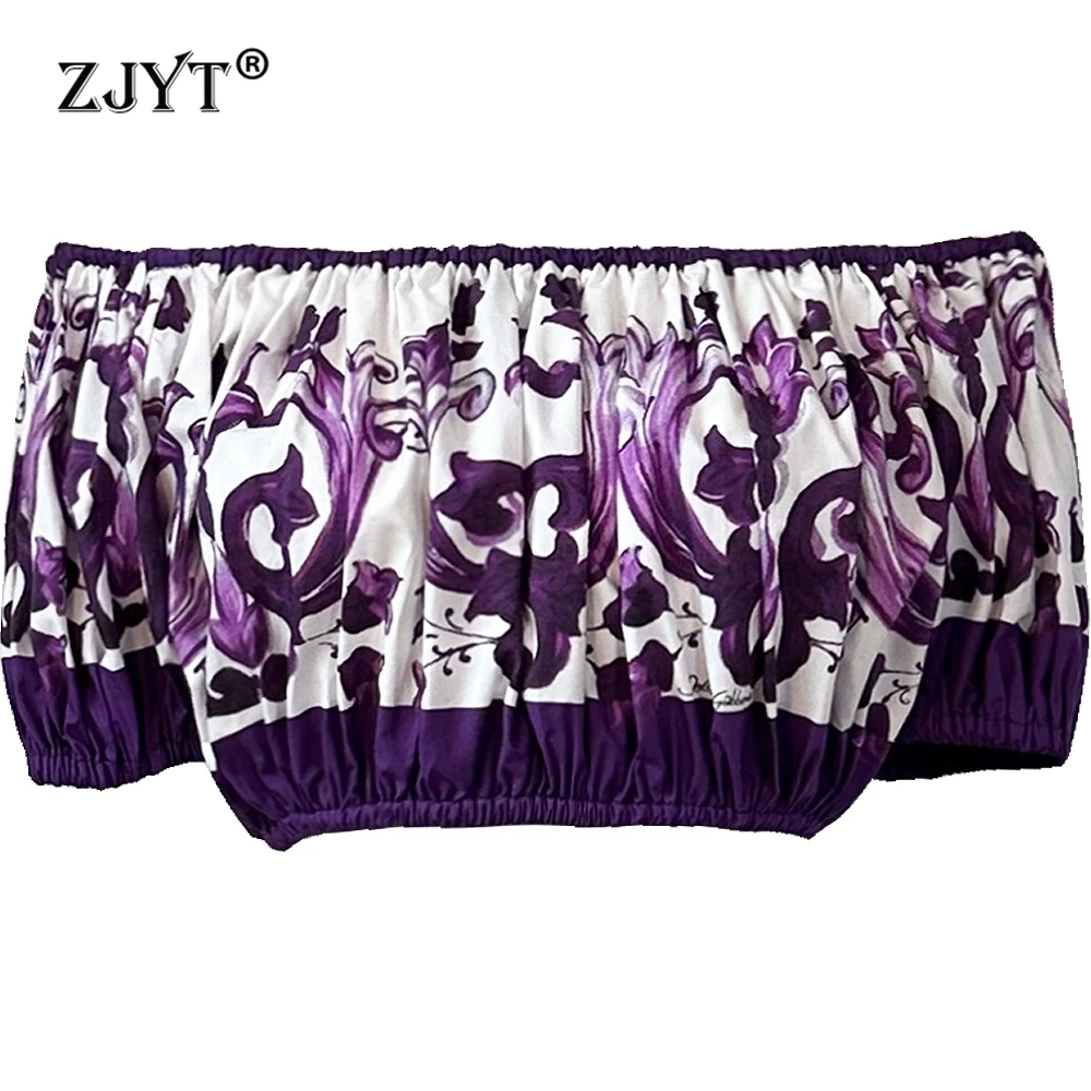 

ZJYT Summer Women's 100% Cotton Blouses for Women Short Sleeve Purple Print Slash Neck Casual Short Shirts Female Crop Tops