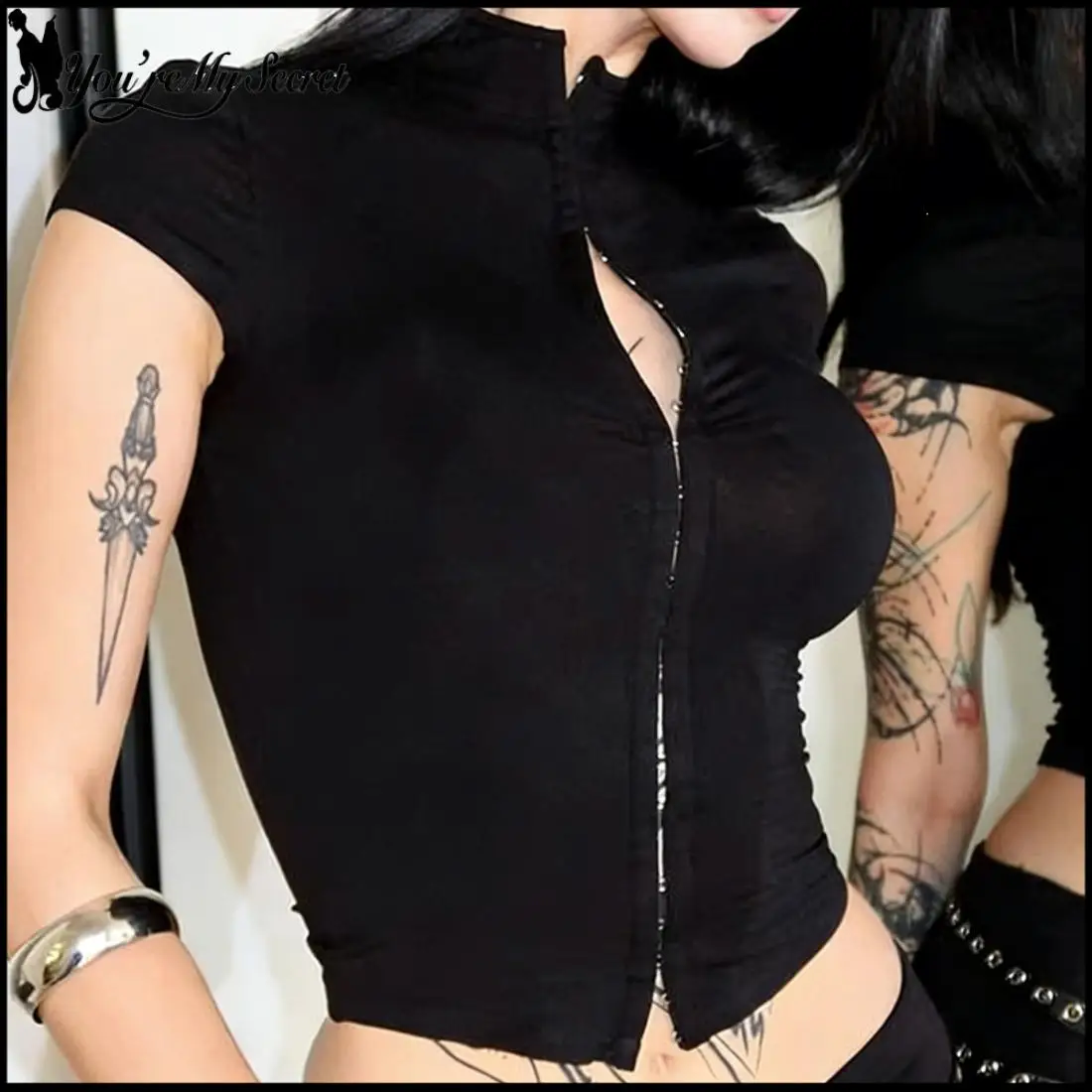 [You're My Secret] Sexy Hollow Out Women's Crop Top Y2k Black Slim Short Sleeve Top Night Club Streetwear 2026 Summer Clothing