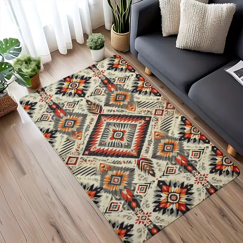 Boho Black Gold Geometric Tribal Area Rug Non Slip Floor Mat Abstract Square Striped Aztec Print Soft Carpet for Living Room