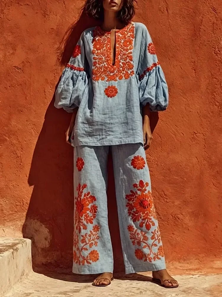Greenora Women Boho Linen 2 Piece Outfit Floral Print Lantern Sleeve O Neck Blouse Wide Leg Pants Vintage Holiday Beach Matching