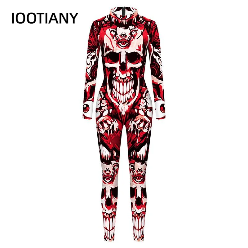 IOOTIANY-monos sexys con estampado 3D de calavera aterradora para mujer, monos ajustados de manga larga para fiesta de Halloween, 2 colores