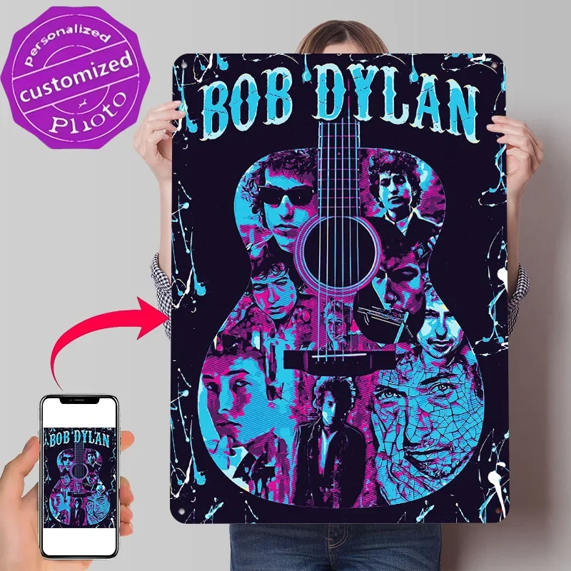 Bob Dylan Guitar Portrait 3D Texture Metal Poster Customized Wall Art Tin Sign Gift for Mancave Interior Decoration Living Room