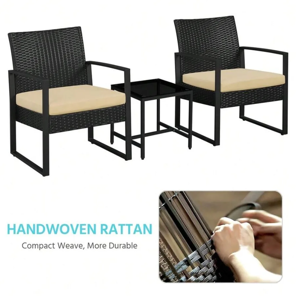 3 Piece Outdoor Wicker Furniture Set with 2 Rattan Chairs and 1 Coffee Table Conversation Patio Set for Backyard Garden Porch Balcony Use All Weather Durable Metal Frame Rustic Modern Design Easy Assembly Handwoven PE Rattan Sturdy Outdoor Living Space