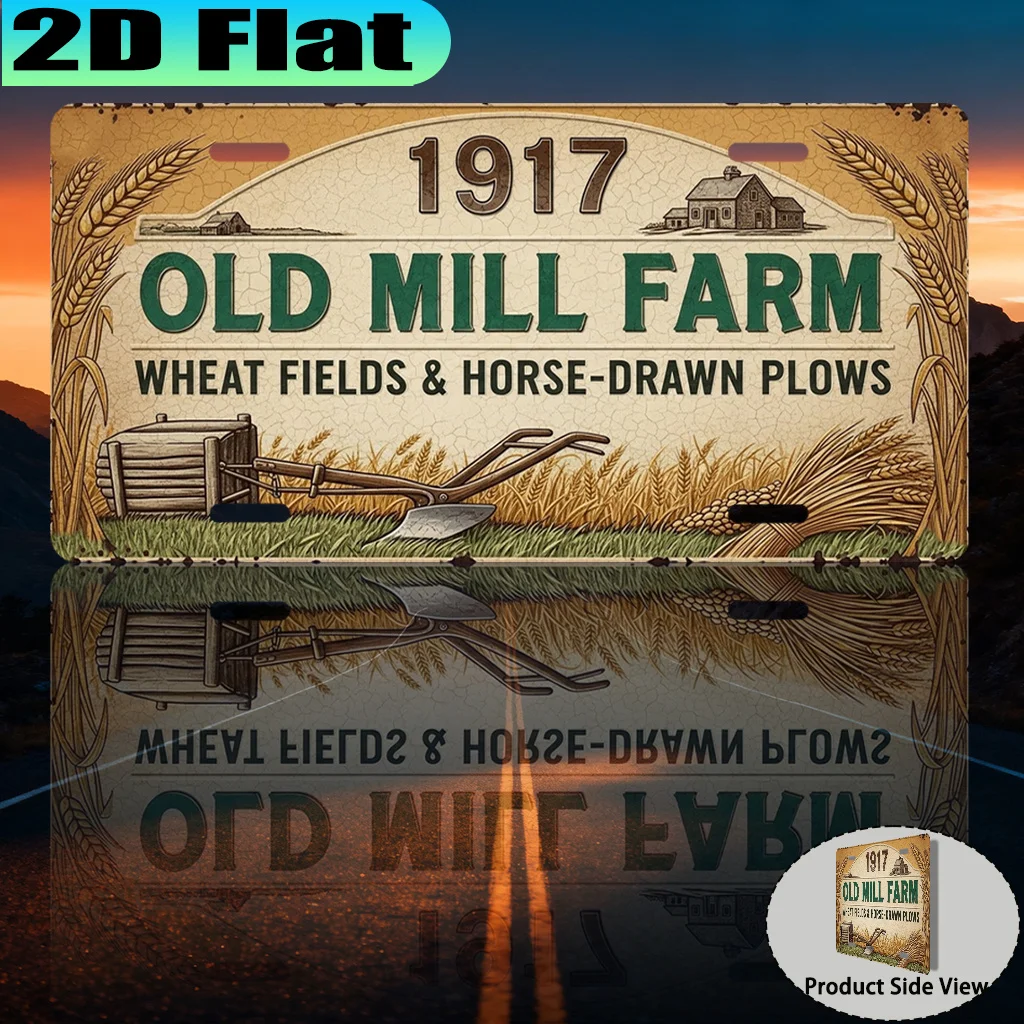 2D Flat, [2D Flat] 1pc, 1917 Old Mill Farm Wheat Fields & Horse-Drawn Plows Vintage Aluminum Sign (30.48 X 15.24cm), for Decorat