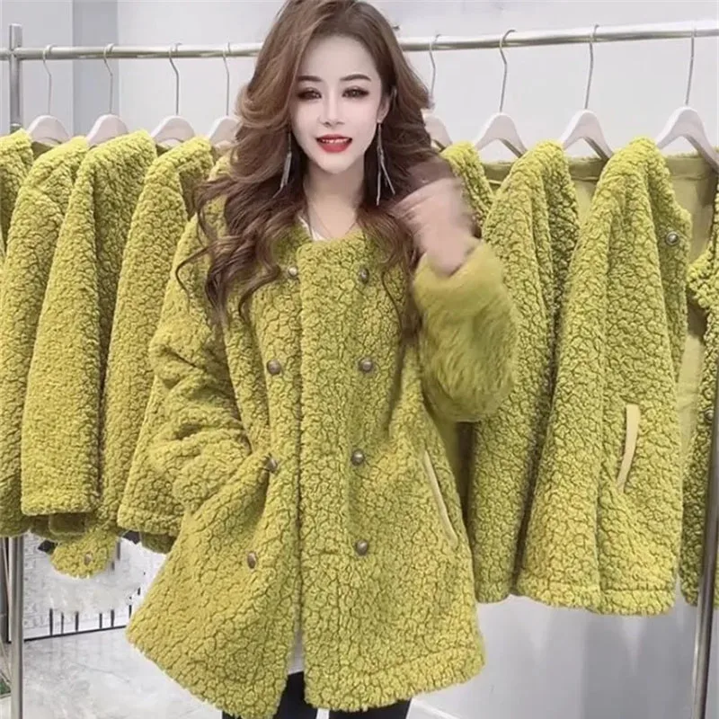 

Autumn Winter Female Fashion Lamb Wool Outwear Korean Lady Casual Long Styles Tops Coat 2025 Women Double-breasted Loose Jacket
