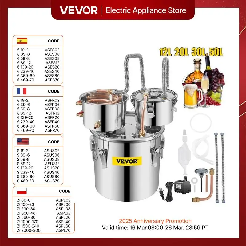 VEVOR 12L 20L 30L 50L Alcohol Brewing Distiller DIY Moonshine Apparatus Stainless Steel Still Whisky Beer Brandy Home Appliance