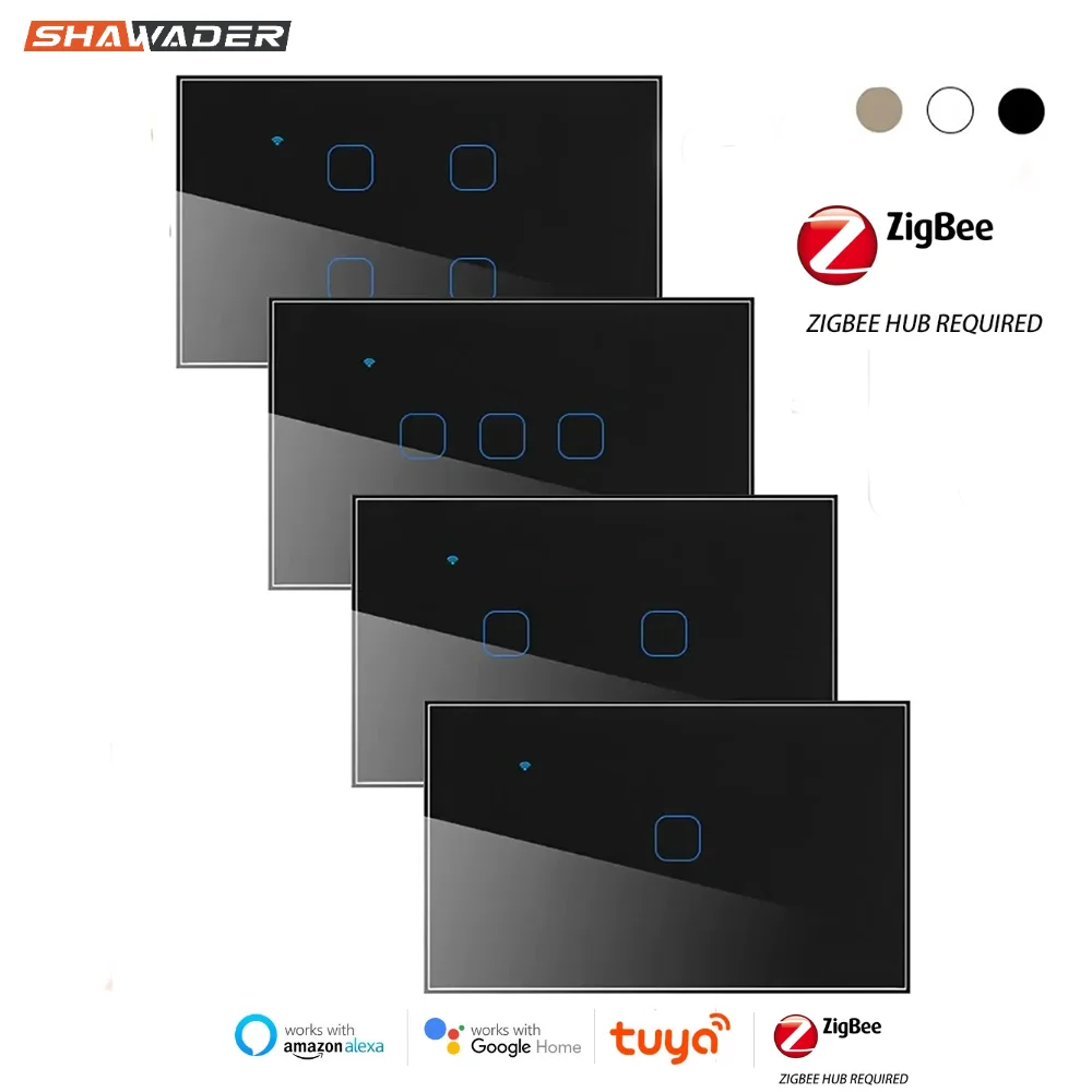 Shawader Smart Zigbee Wall Light Switch Lamp Interruptor Glass Touch Panel 2 Way Wireless Remote Control Tuya Alexa Google Home