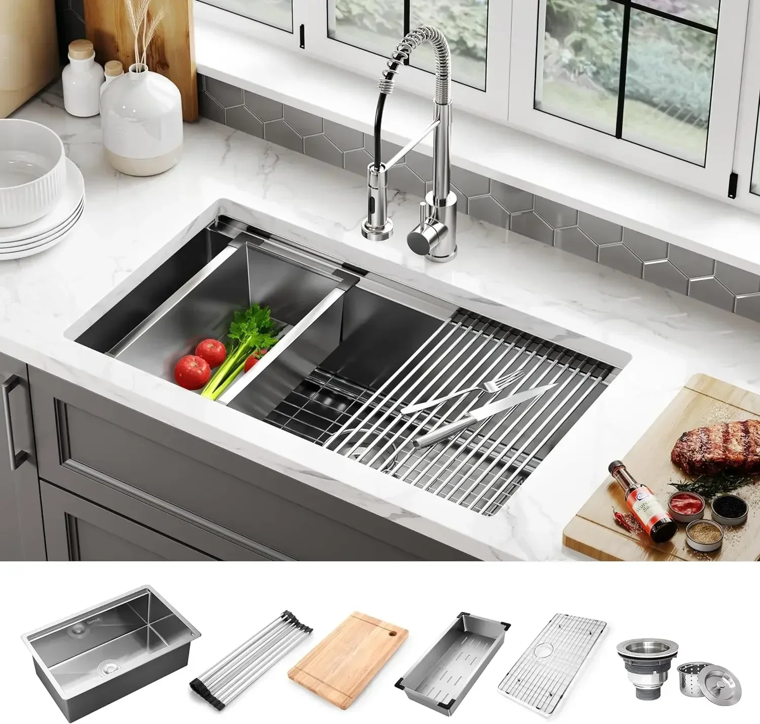 32 In Workstation Sink,Kitchen Sink,Undermount Single Bowl Stainless Steel Sink,Nano 16 Gauge Kitchen Sinks