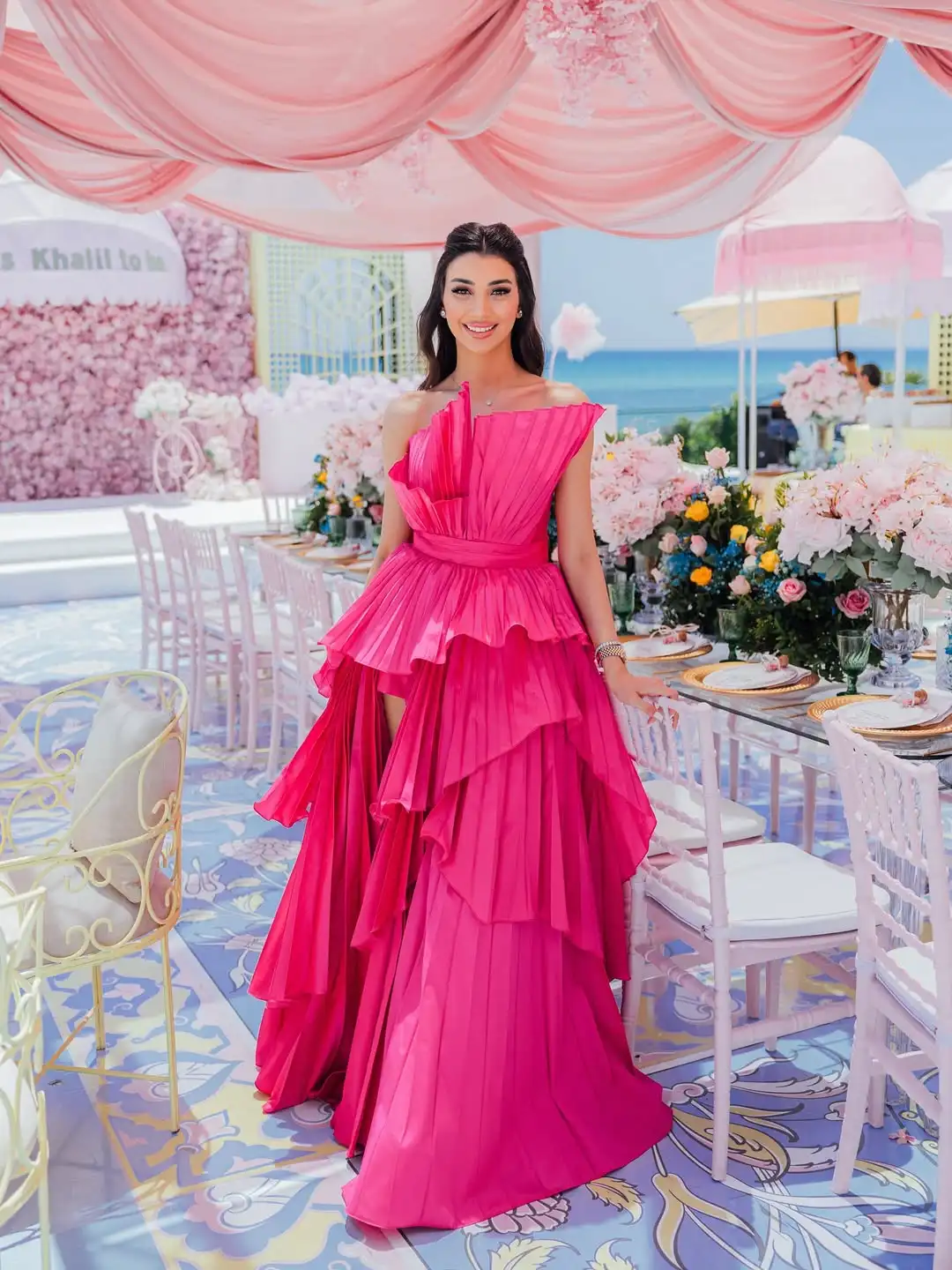 

Design Fashion Summer Princess Red Evening Dress Full Pleats Irregular Tired High Slit Sexy Flower Prom Party Graduation Dress