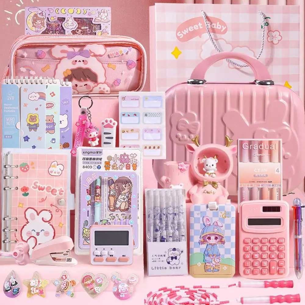 Pink Study Stationery Set Large Capacity Suitcase Creative Pen Bag Notebook Stickers Sharpener Stationery Gift Pack Students