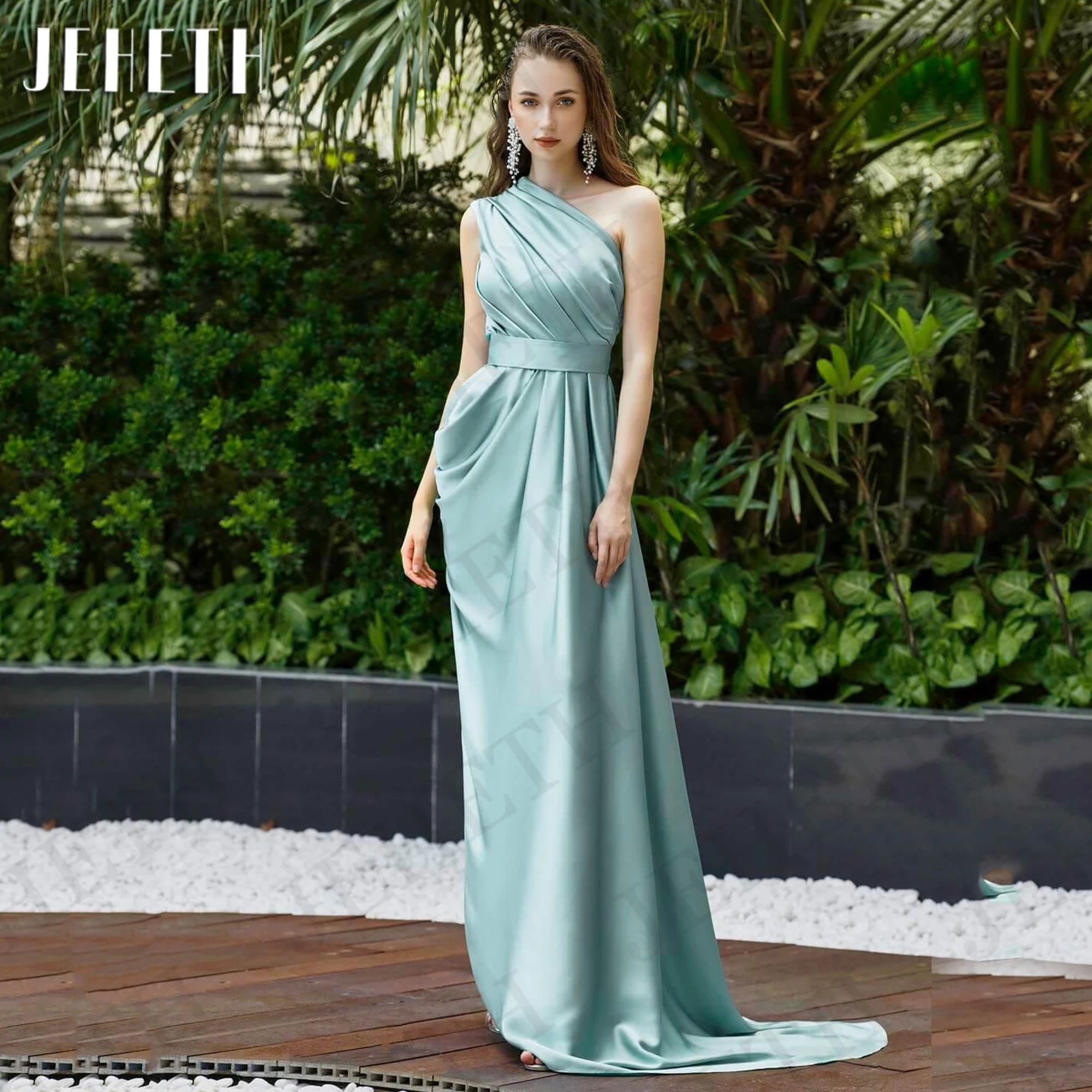 

JEHETH Modern Mermaid One Shoulder Evening Dress Satin Pleats Sleeveless Formal Occasion Dresses Sweep Train vestidos de fiesta