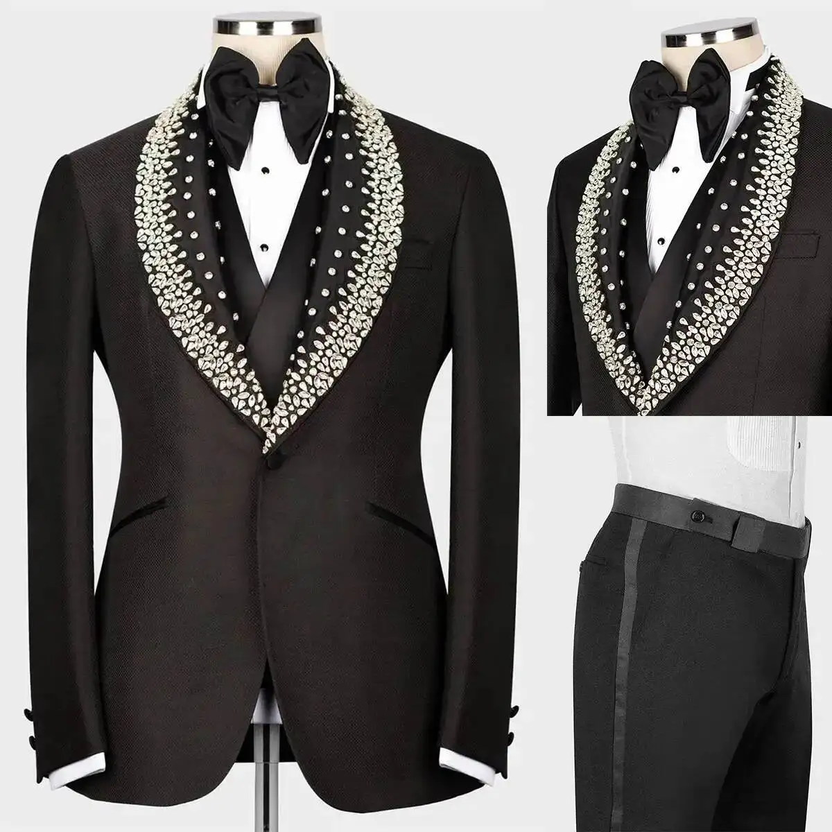 

Modern Men's Suits Tailored Beads Crystals 2-Piece Blazer Black Lapel Customized Slim Fit Tuxedo For Wedding Groom