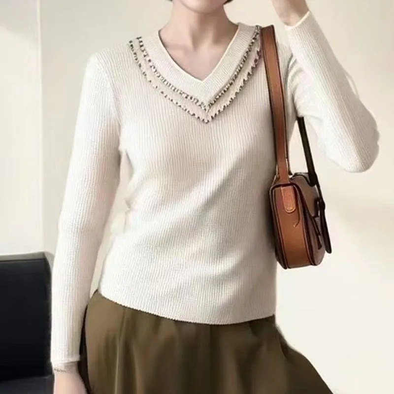 البلوزات الديكور الخامس الرقبة محبوك سترة المرأة البلوفرات جديد أبيض كم طويل متماسكة سترة البلوز النساء بلايز تريكو Q1796 #1