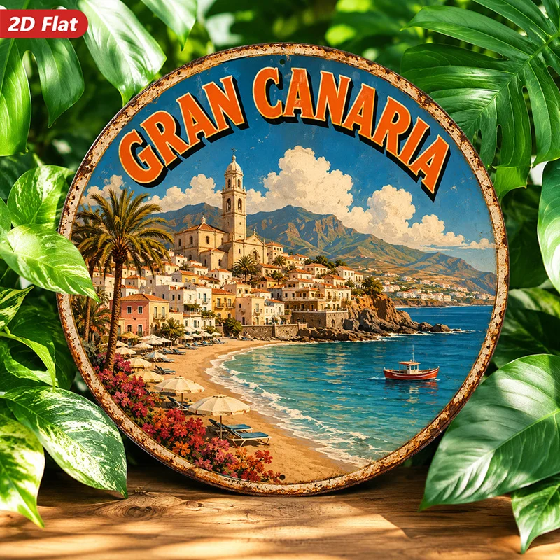2D Flat, 1pc Round Metal Sign Wall Art, Gran Canaria Home Decor, Coastal Scene, Palm Trees, Seaside Town, Vintage Style, for Liv
