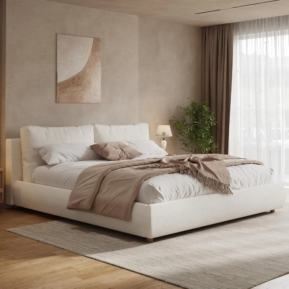 

King Size Boucle Fabric Upholstered Platform Bed with Two Removable Pillow Headboard, Wood Bed Frame with Solid, Customized