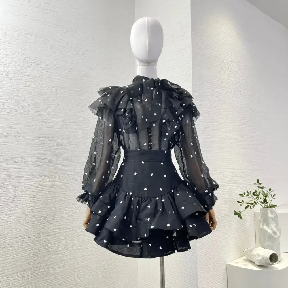 

2025 New Fashion Black Love Polka Dots Print Pleat Ruched Long Sleeve V Neck Blouse Tops and Skirt Sets