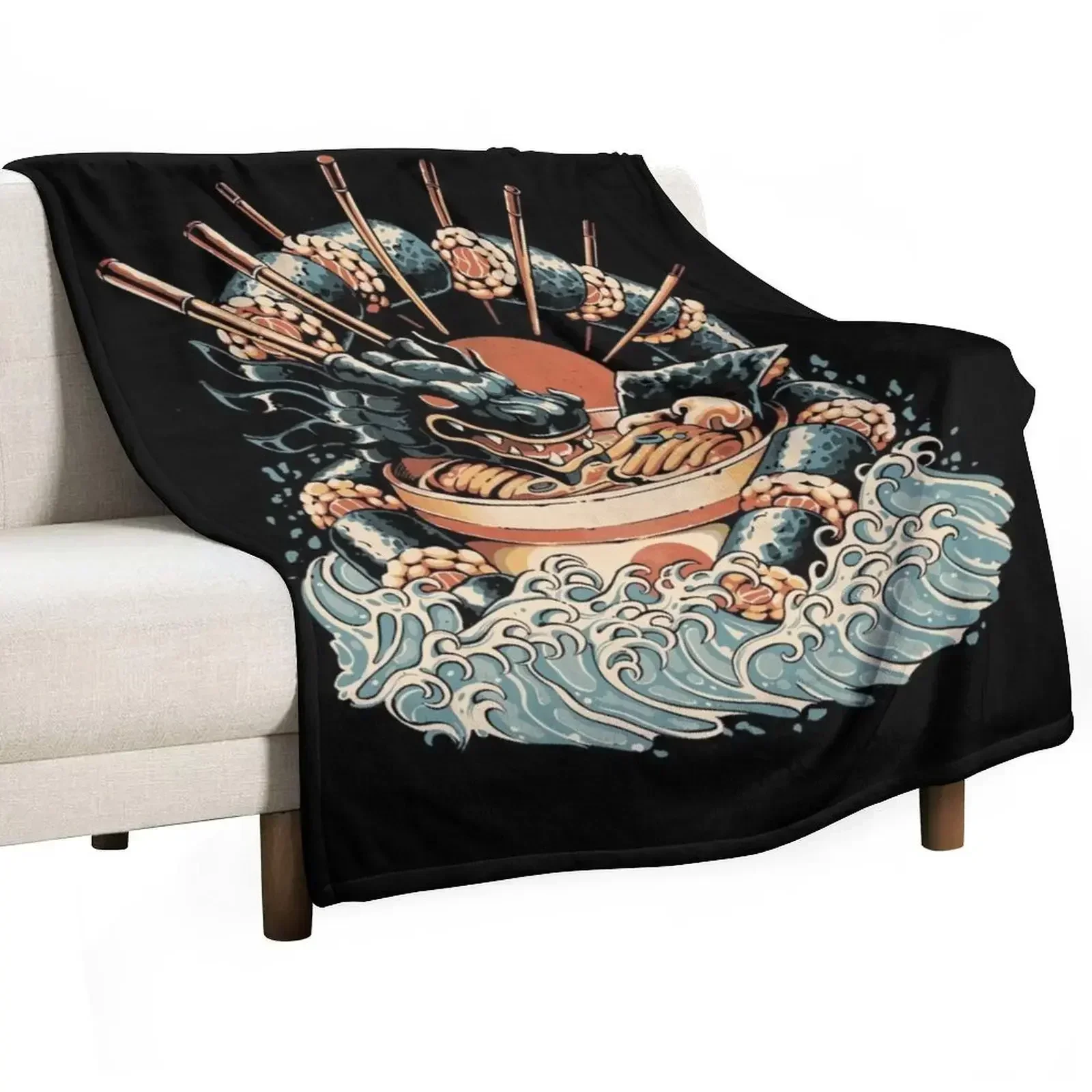 Dragon Sushi Ramen - Black Version Throw Blanket Luxury Brand Flannel Fabric Cute Picnic Blankets