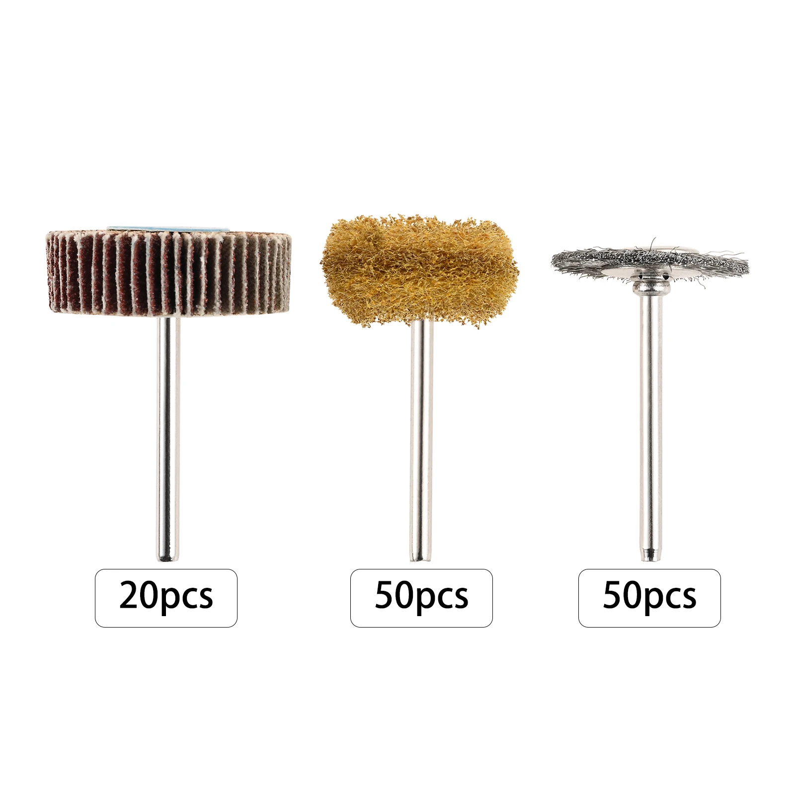 120pcs/kit 80 Grit Abrasive Flap Wheel +120 Grit Buffing Polishing Wheel +25mm Wire Brushes Set for Rotary Tool 1/8