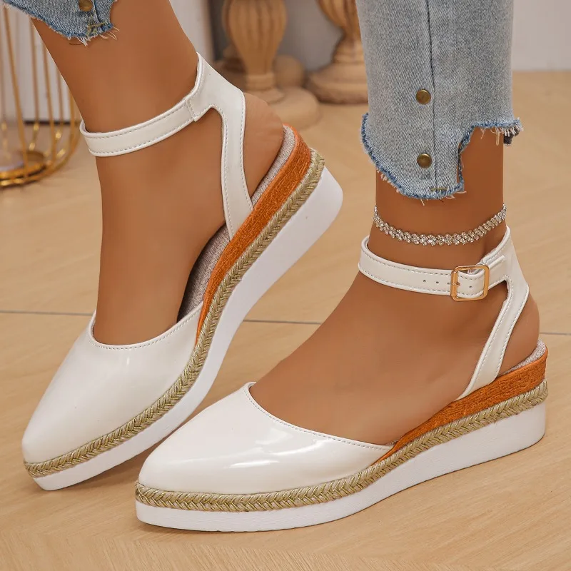 Summer Women's Closed Toe Wedge Sandals Buckle Strap Shoes Fashion Espadrilles Thick Soled Pointed Toe Women Sandals De Mujer