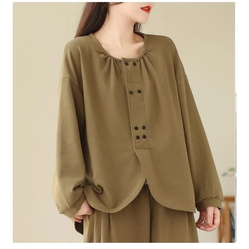 Sudadera de cuello redondo de diseño japonés a la moda para mujer, jersey holgado Irregular de manga larga con empalme de botones de Color sólido