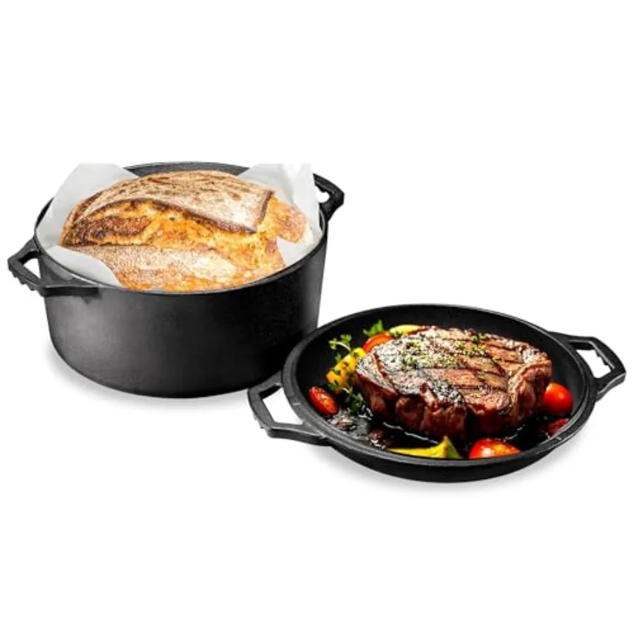 

Cast Iron Multi Cooker - Pre-Seasoned Non-Stick Double Dutch Oven Stovetop Casserole Cookware Braising Pot and Skillet Lid with