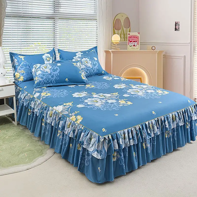 New Skirted Bedskirt Set Three-Piece - All-Season Non-Slip Sheet Double Hem Fitted Sheet Protector for Secure Sleep Comfort