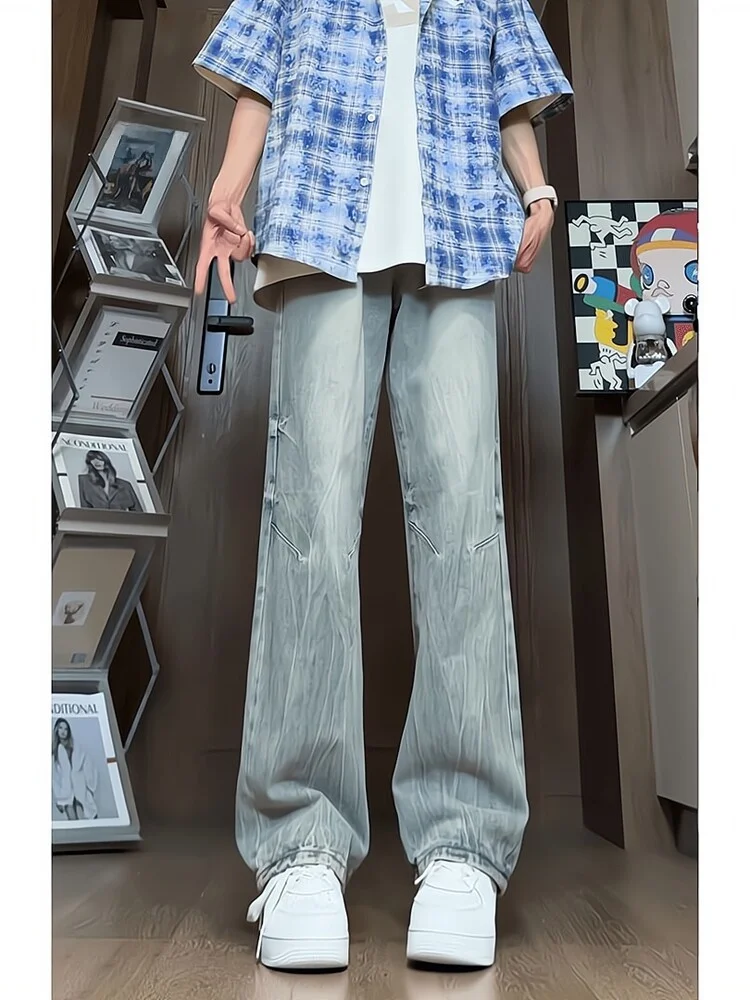 

Cleanfit High Street Vintage Thunder Pattern Jeans Men's Sli American Teenager Feeling Wide Leg Pants Straight Cut Jeans