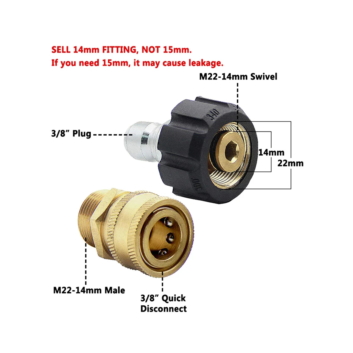 Pressure Washer Quick Connector Adapter Kit M22 14mm x 3/8inch Quick Disconnect Plug 5000PSI High Pressure Brass Fitting