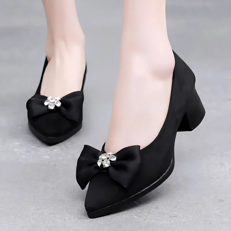 Woman Pumps with Bow Pointed Toe Block Heel Black Shoes for Women Popular 39 Shoe Discount 2025 Trend Wholesale Vacation Spring