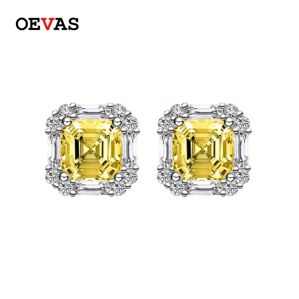 OEVAS 100% 925 Sterling Silver 7*7mm High Carbon Diamond 18K Gold Plated Stud Earrings For Women Sparkling Fine Jewelry Gifts