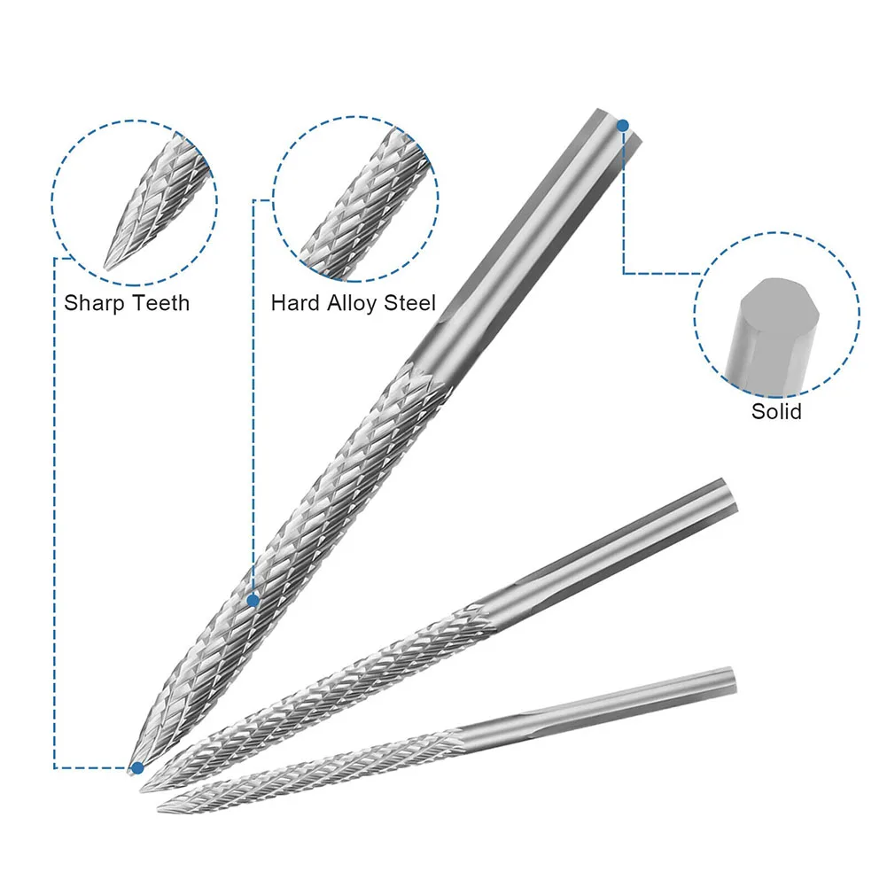 3Pcs Carbide Rotary Burrs Pneumatic Drill Bit Carbon Steel For Tire Repaing Patch Plug Car Repairing Hand Drill Tool Accessories