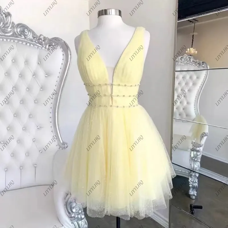 LIYYLHQ Lovely Yellow Homecoming Dresses A Line Backless Tulle Short Mini Simple V Neck Tulle Beads Short Prom Dress Graduation