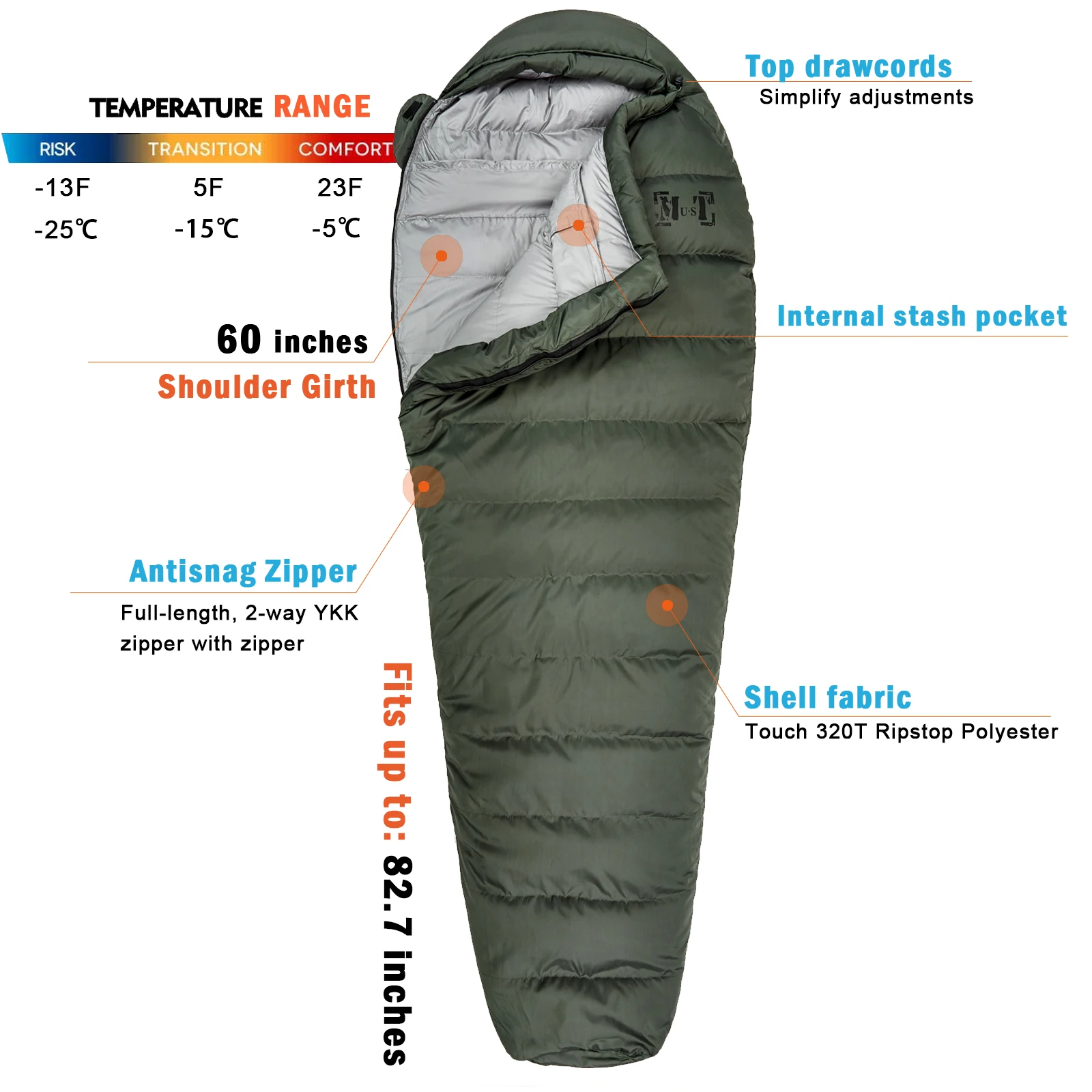 ⁣Akmax.cn Goose Down Mummy Sleeping Bag  UltraLight, Compressible All-Season Camping & Backpacking Bag -13°F Extreme Cold Rating