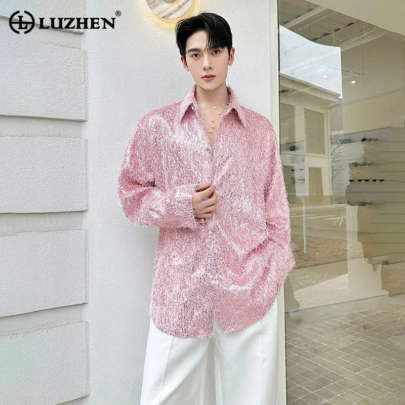 

LUZHEN 2026 Весенняя новинка: Мужская модная рубашка с длинным рукавом, украшенная искусственным мехом и пэчворком, элегантная и стильная одежда JY6205