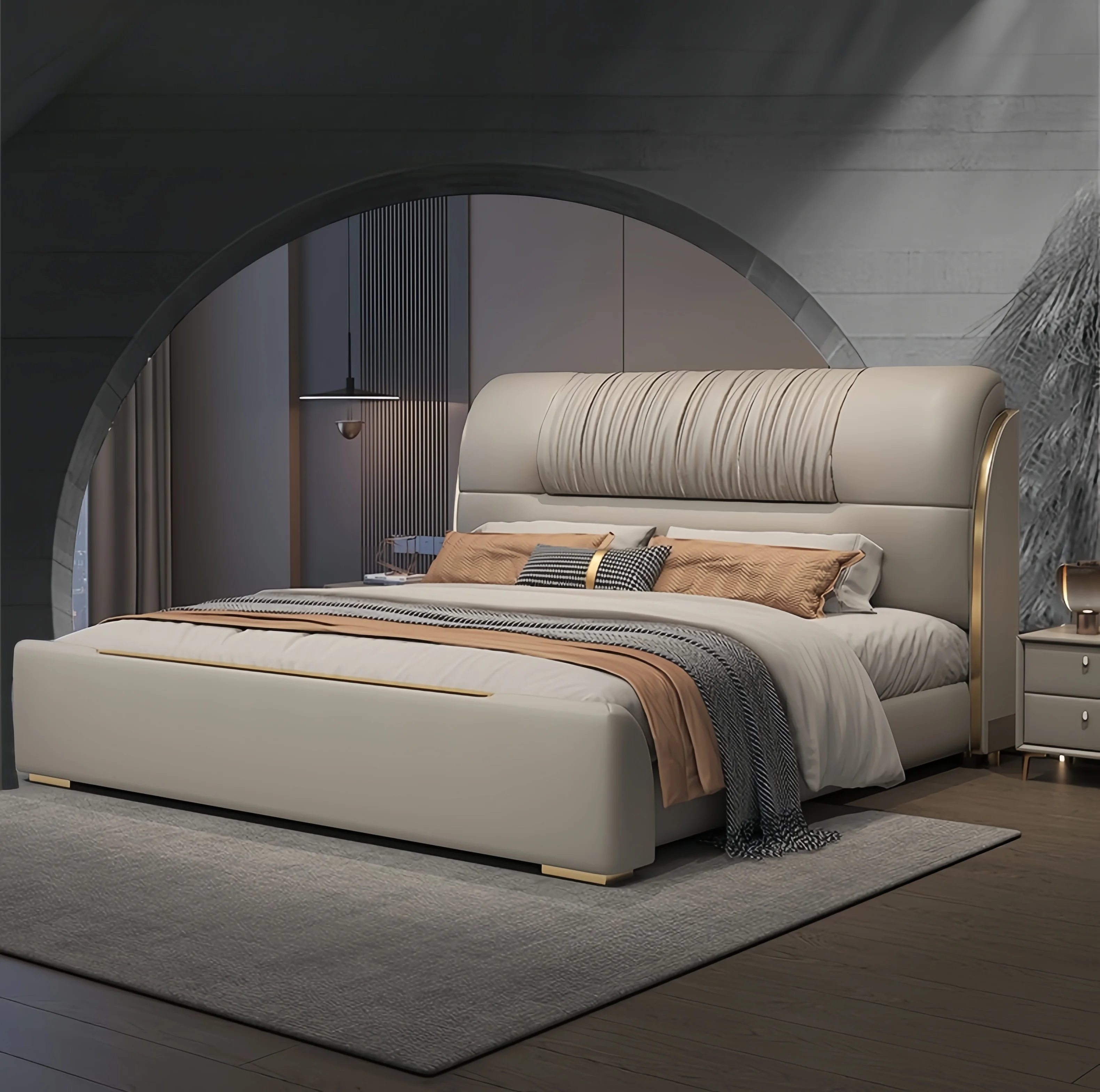 

Hot Selling Modern King Queen Up-holstered Beds Soft Faux Leather Foam Double Bed Frame Adults Bedroom Furniture Set Wholesale